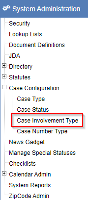 Left navigation showing the Case Involvement Type option under the Case Configuration