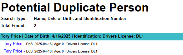 Duplicate Person sample report