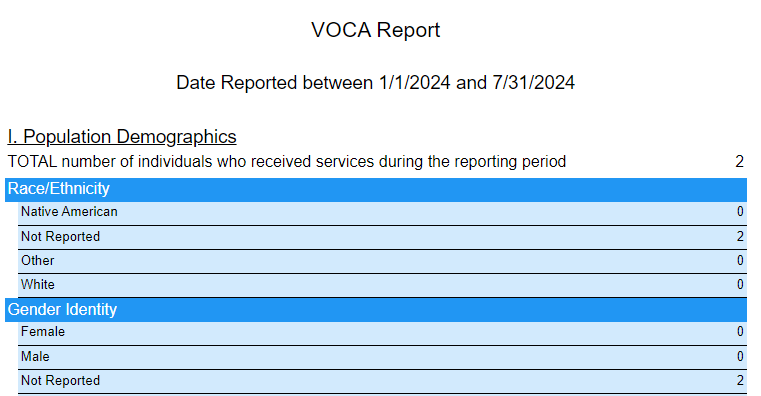 The Population Demographics section in the VOCA Report