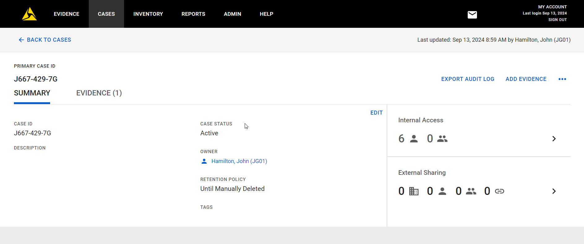 Evidence.com view of case J667-429-7G