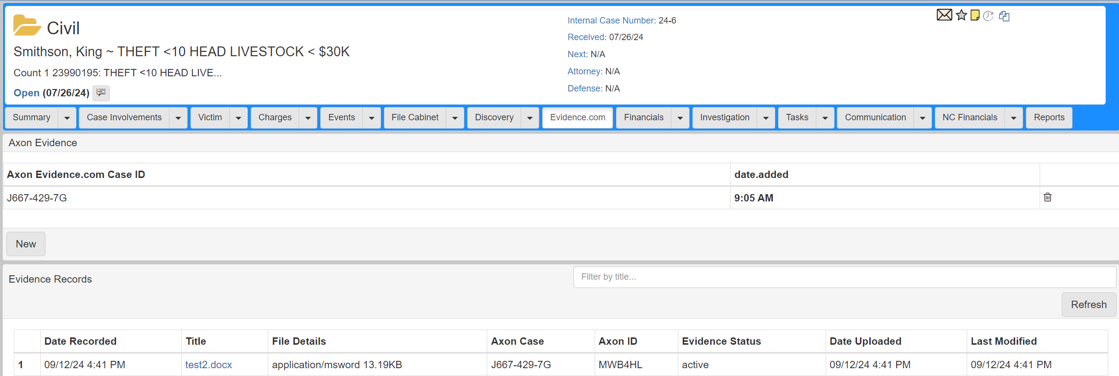 Evidence.com screen showing evidentiary record