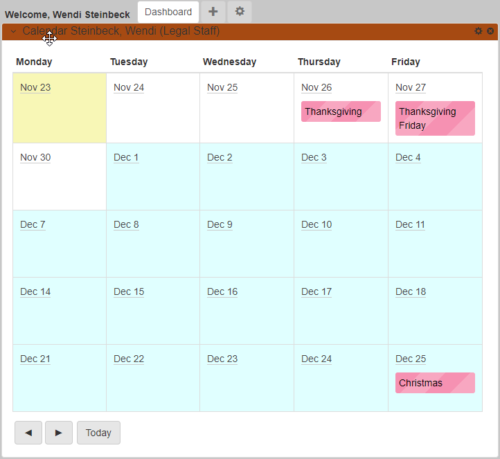 A calendar with holidays showing on the user dashboard.