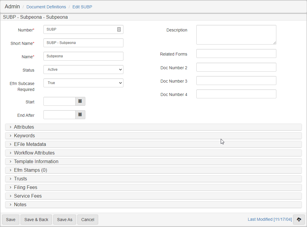 Document Definition Details Screen