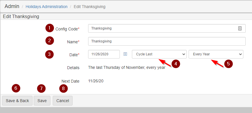 Edit holiday screen with numbers 1 through 8 labeling different controls.