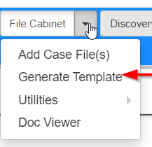 Arrow pointing to Generate Template option in the File Cabinet menu item on a case record.