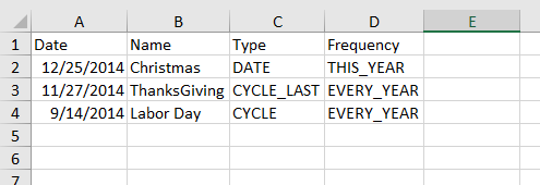 Example XLS file with columns for Date