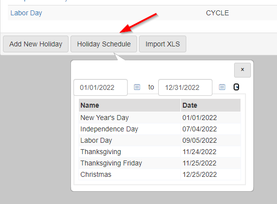 A red arrow pointing to the Holiday Schedule button and the Holiday Schedule dialog is open.