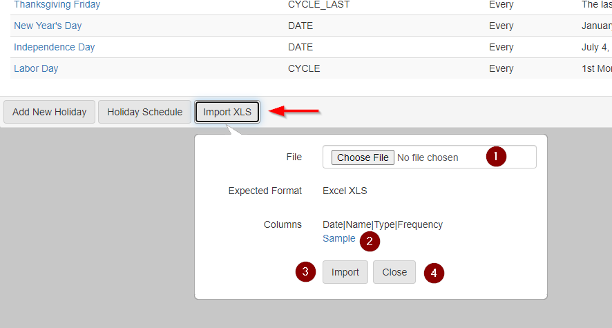 Import XLS dialog showing with an arrow pointing to the Import XLS button and numbers 1 through 4 labeling controls on the dialog.