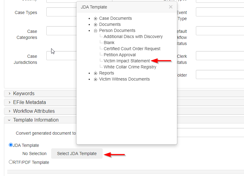 Document Definition details screen with an arrow pointing to the Select JDA Template button and an arrow pointing to a template in a popup window that is displayed.