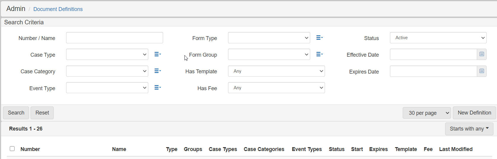 Document Definitions Search Screen