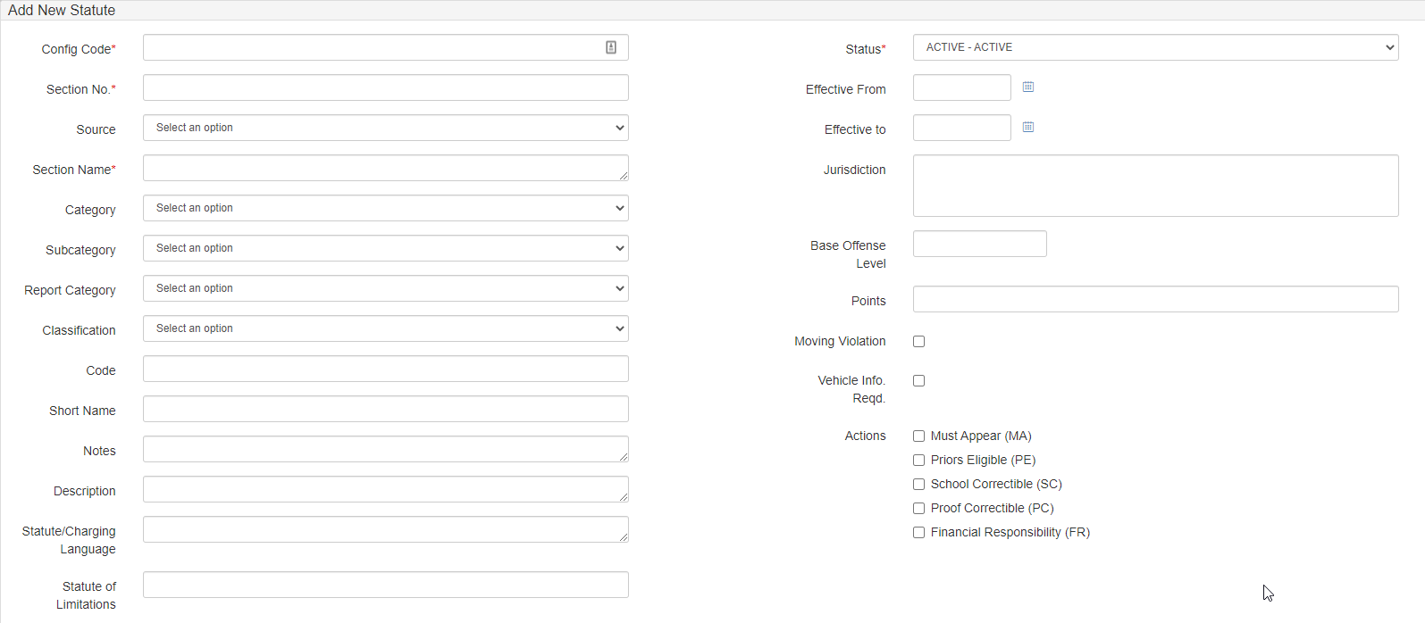 Add statute configuration screen