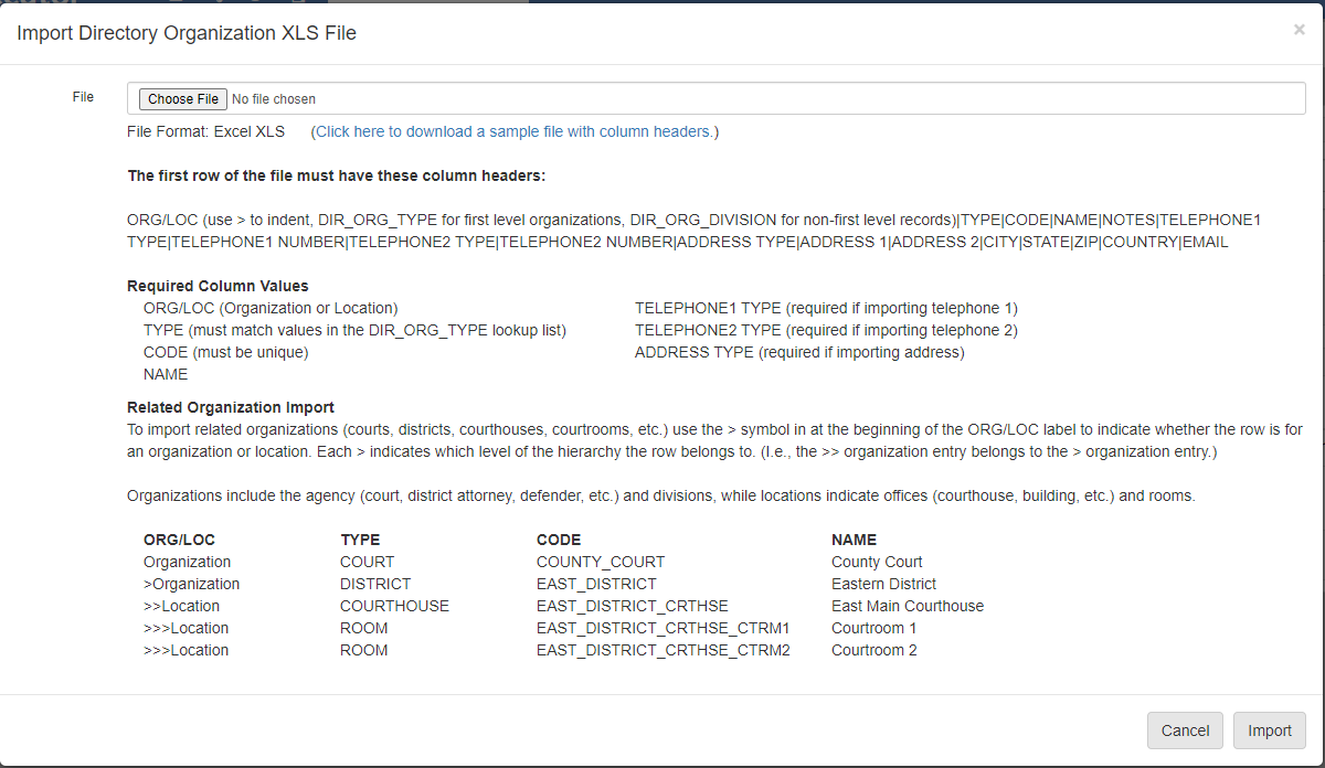 The Import Directory Organization XLS File dialog