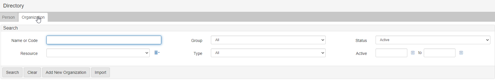 The Directory Organization Search panel