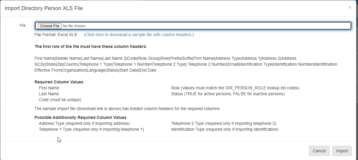 The Import Directory Person XLS File dialog