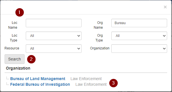 Organization search pop-up with number 1 labeling the search criteria section, number 2 labeling the search button, and number 3 labeling the search results.