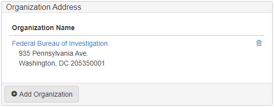 Organization Address panel with an address showing.