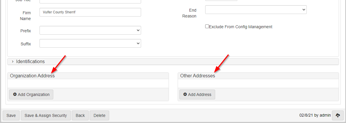 Directory Person screen with arrows pointing to the Organization Address panel and Other Addresses panel