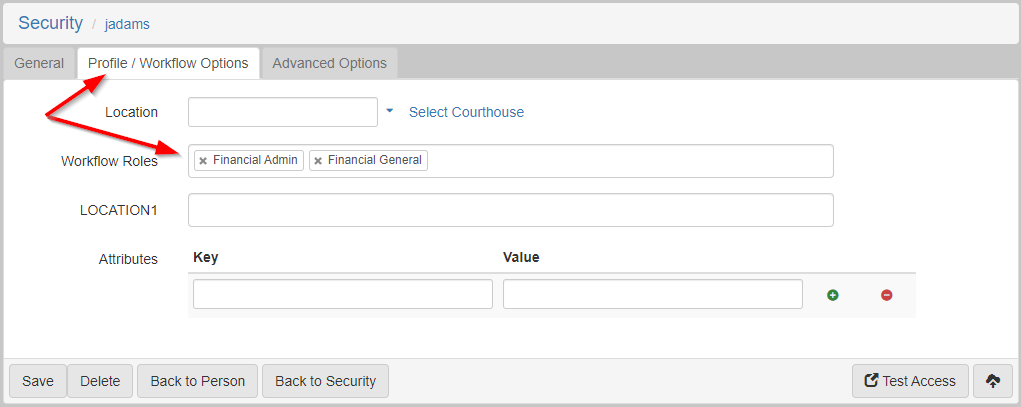 A user security settings page with the Profile/Workflow Options tab selected and arrows point to the tab and the Workflow Roles field