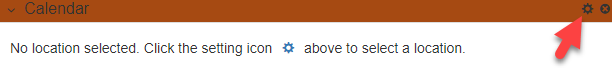 An unconfigured Calendar gadget with an arrow pointing to the gear icon in the top right corner.