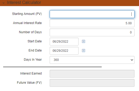 Interest calculator gadget with example values filled out.