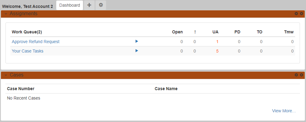 A user dashboard showing the assignments gadget with an unassigned task of "Approve Refund Request"