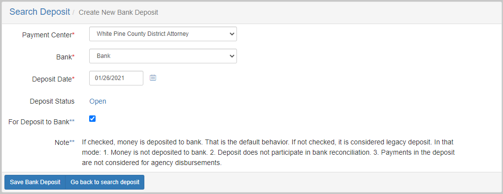 Create new deposit screen with the deposit data already filled out