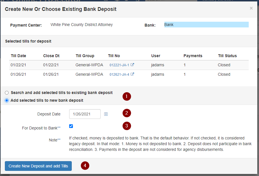 The Deposit Creator popup that allows for adding tills to a new Deposit or an existing Deposit