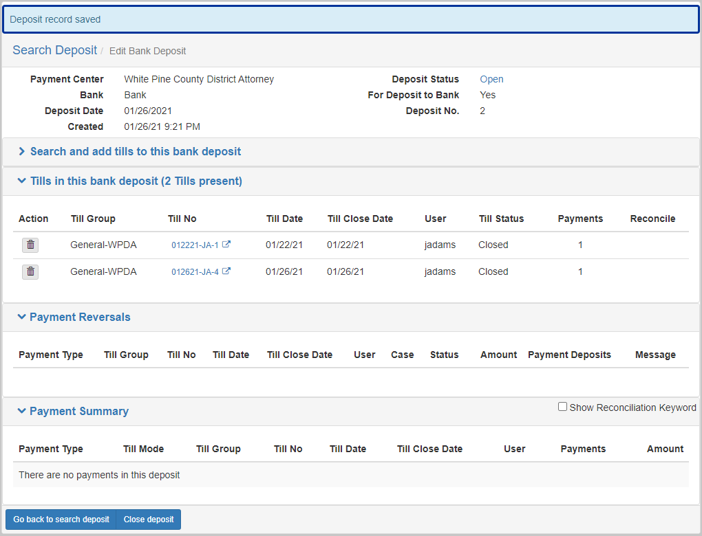 The deposit details screen with two tills added to the shown deposit