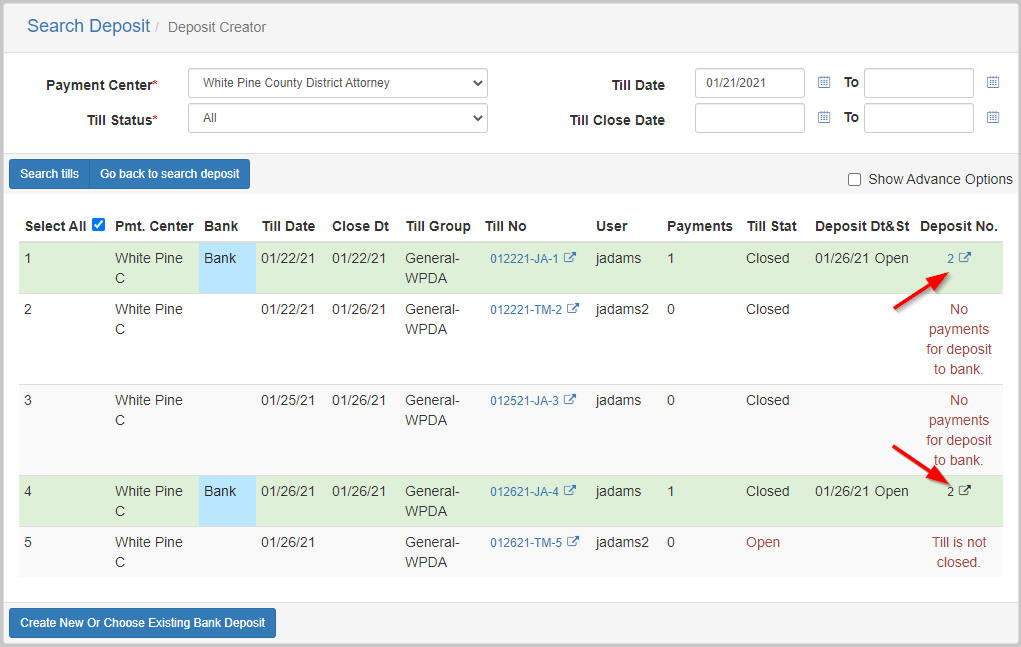 The Deposit creator till search with arrows pointing to the link created after adding the tills to a Deposit