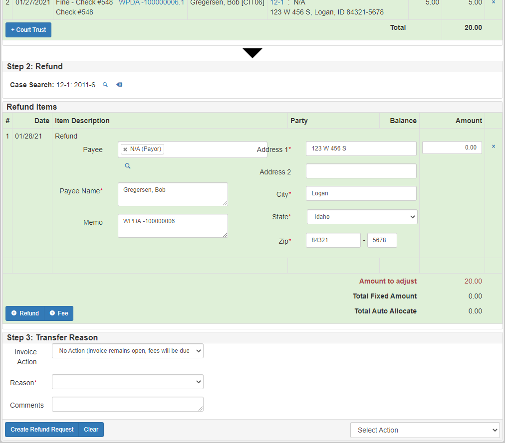 Refund screen that shows how to select the payees and allocate the money to them