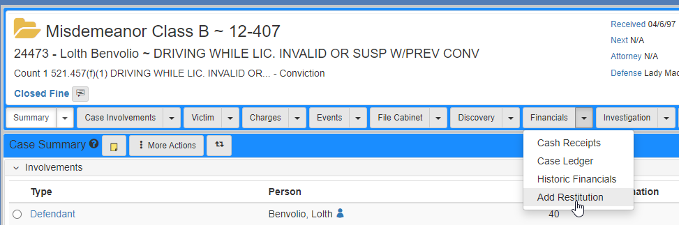 The Financials navigation menu with the Add Restitution option selected