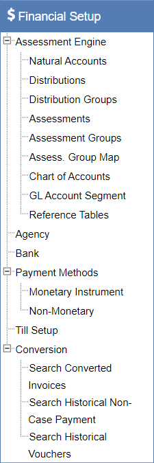 Left navigation Financial Setup section