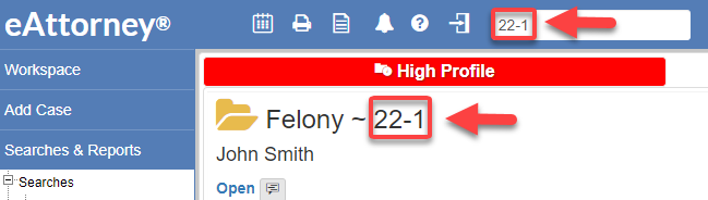 Arrow pointing to case number search in top navigation.