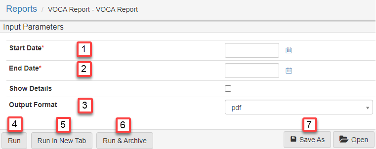 VOCA Report parameters guide