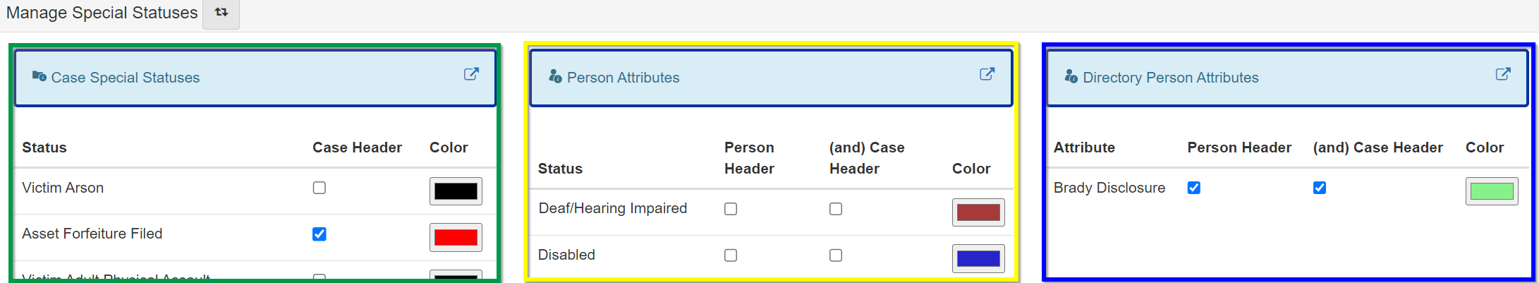 The Manage Special Status screen