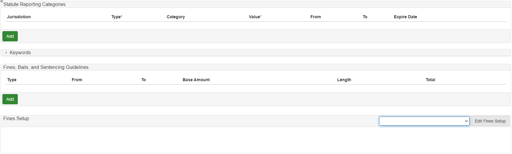 The Statute Reporting Categories panel, Keywords panel, and Fines, Bails, and Sentencing Guidelines panel are shown on the New Statute screen