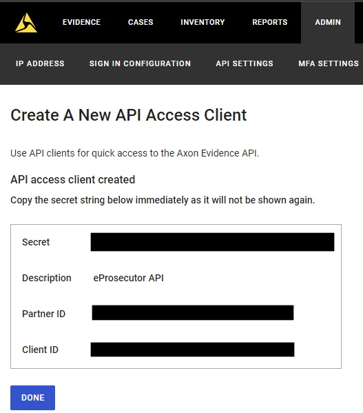 Screenshot showing the Axon Evidence.com Create A New API Access Client page