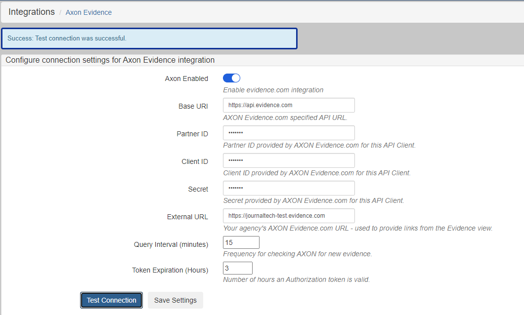 Completed configuration screen for Axon Evidence Integration