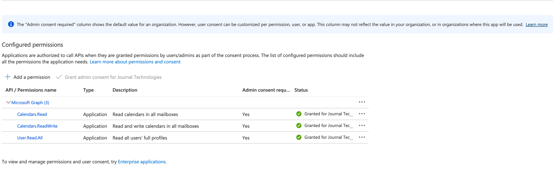 Azure API permission page