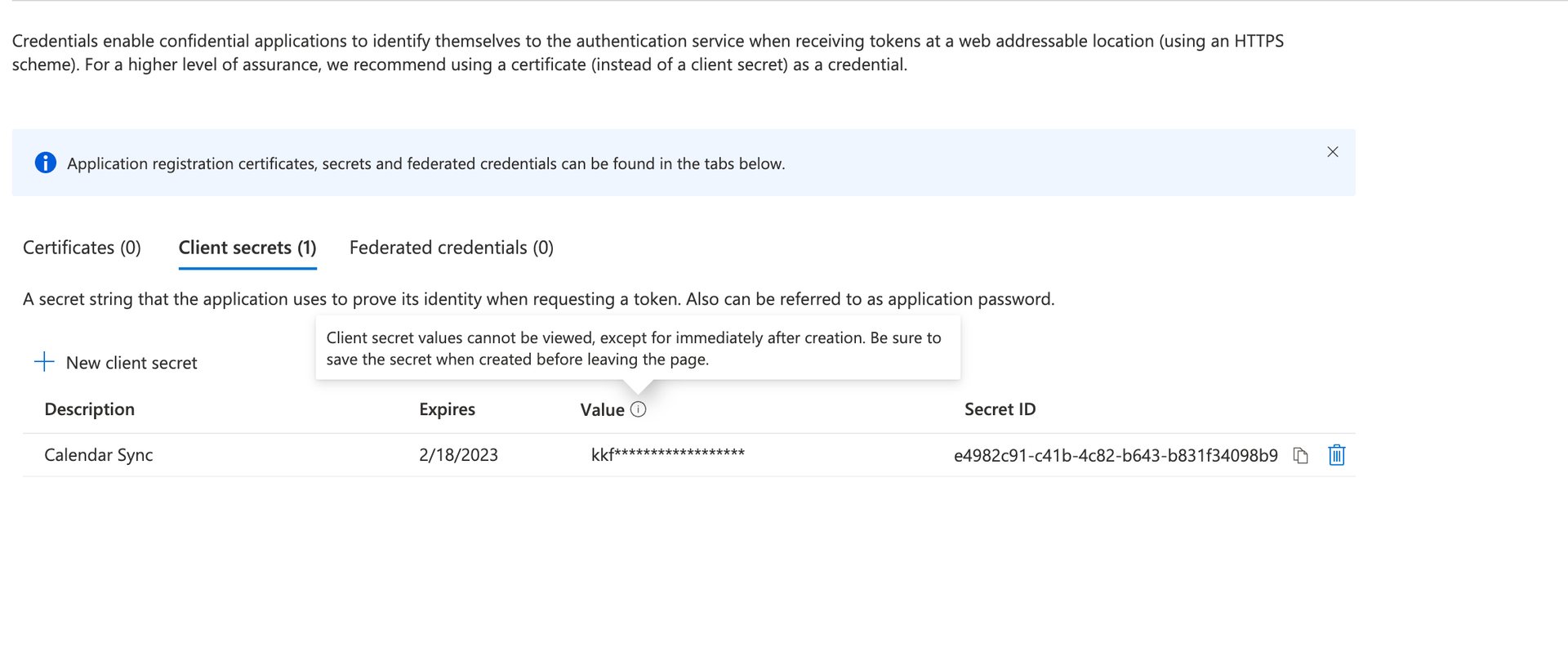 Azure client secret page