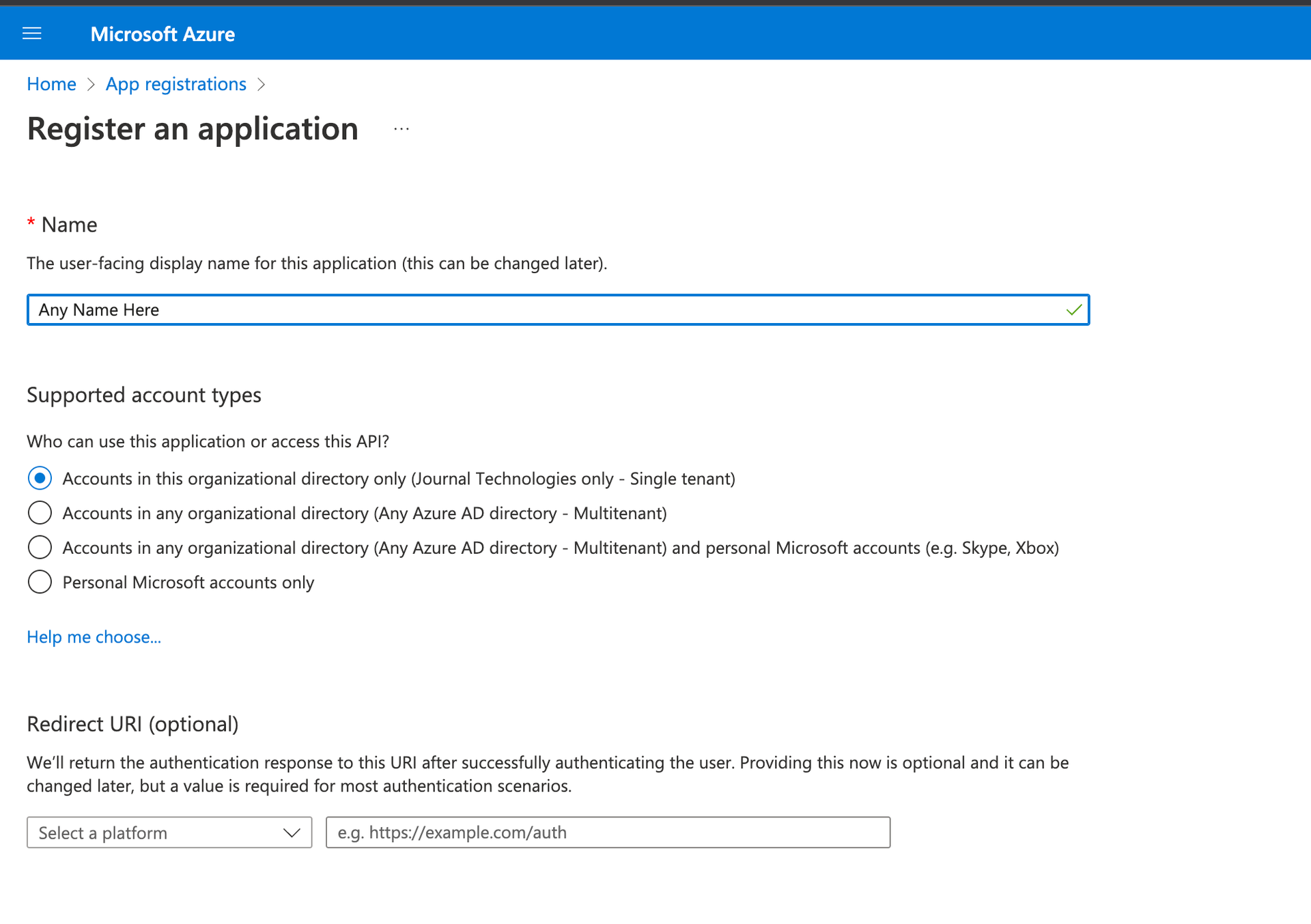 Azure Register Application