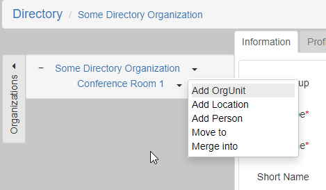 The Directory Organization screen with an expanded location