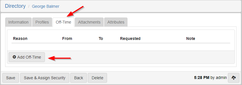 Directory Person screen with the Off-Time tab selected and an arrow pointing to the Add Off-Time button