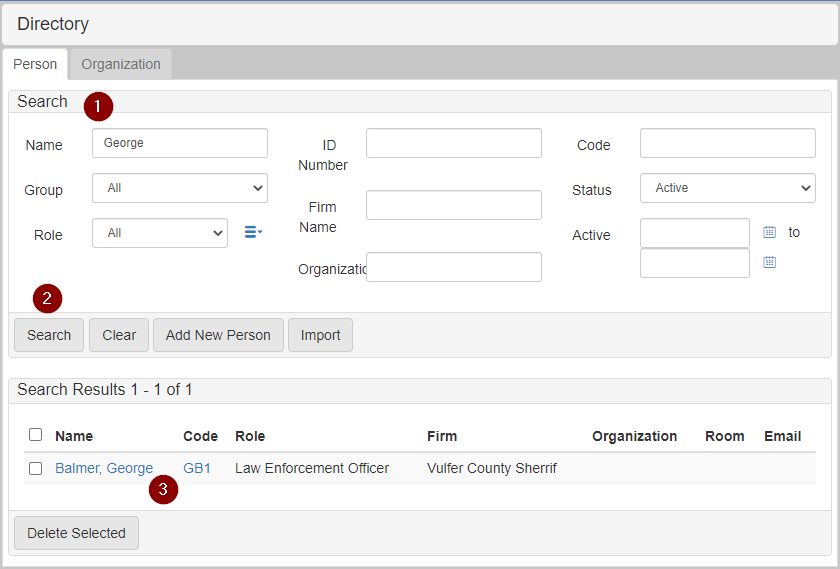 Directory Person search screen with number 1 next to search criteria, number 2 next to the search button, and number 3 next to a search result
