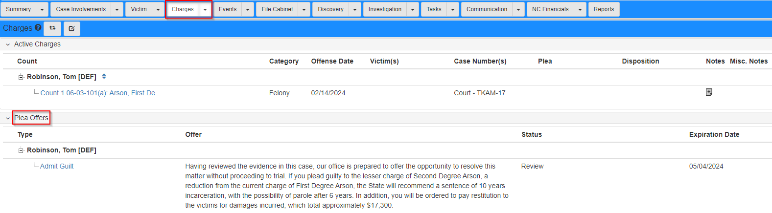 Plea offer section of the charges tab in the Case Folder View