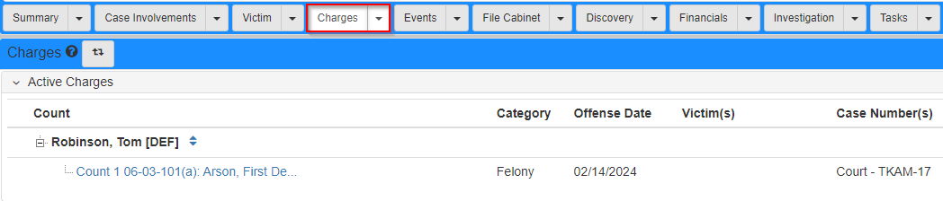 Charges tab in the Case Folder View