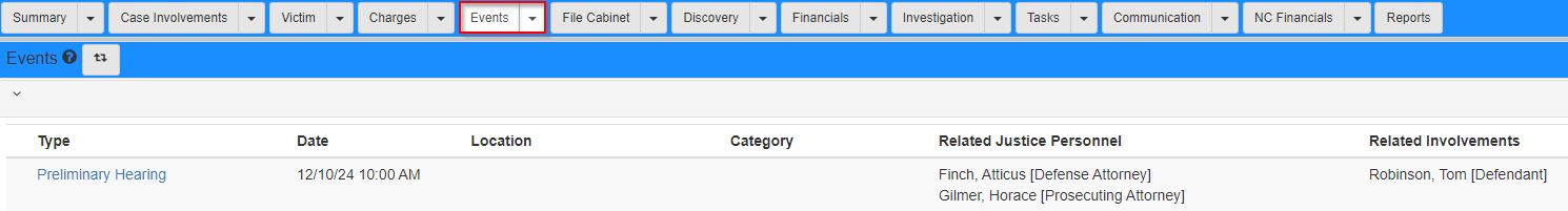 Events tab in the Case Folder View
