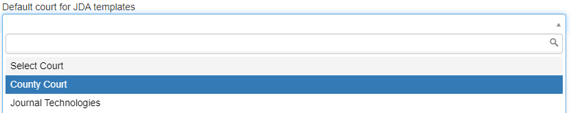 Default court dropdown on the Default JDA Settings screen