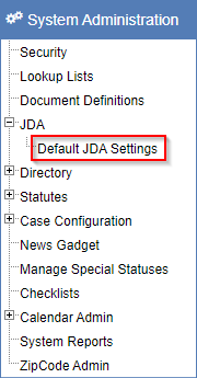 Left navigation showing the Default JDA Settings option under JDA