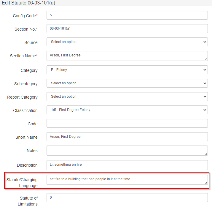 Statute/Charging Language field on the Statute screen